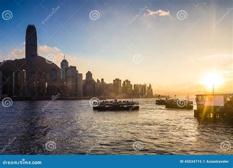 Sunset Over Victoria Harbor In Hong Kong Stock Image Image Of Markets