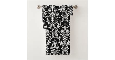 White Floral Damask On Black Bath Towel Set Zazzle