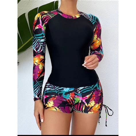 Sprty Tropical Print Drawstring Side Bikini Swimsuit With Long Sleeve