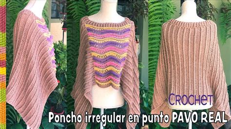 Poncho irregular en punto pavo real tejido a crochet 2 rectángulos