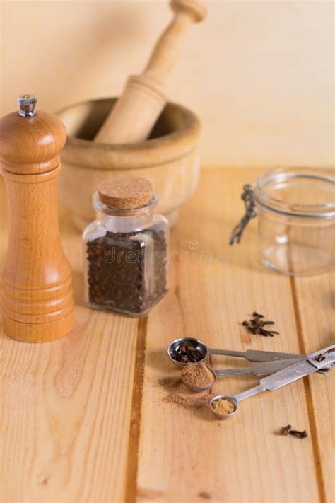 Measuring Spoons And Other Kitchen Utensils With Different Spices Stock