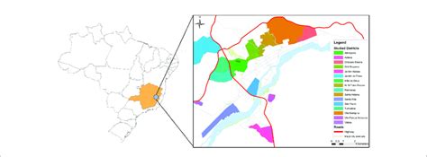 | Map of the city of Governador Valadares. On the left the inset shows ...