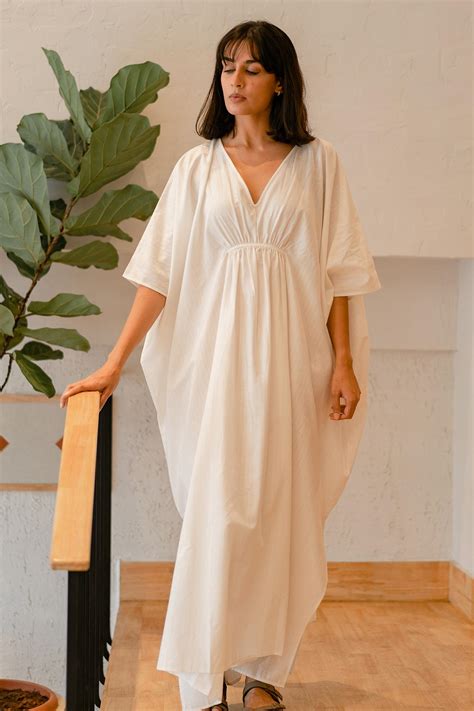 Buy Off White Organic Cotton Stripe V Neck Lyla Flared Kaftan Gown For Women By Vanaras Online