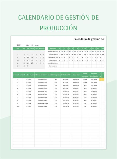 Plantilla de Formato Excel Calendario De Gestión De Producción y Hoja