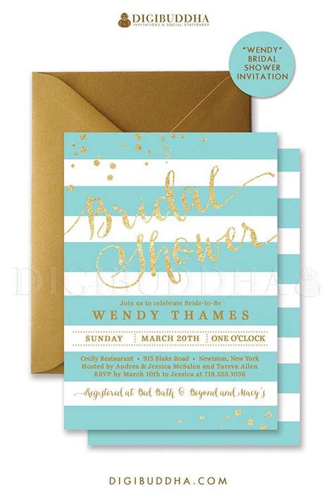 Aqua Gold Bridal Shower Invitation Stripes Printable Invite Turquoise