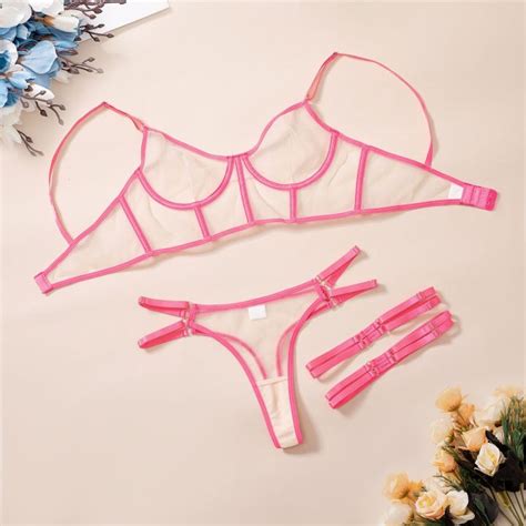 Ellolace Neon Pink Lingerie Sexy Porn Underwear Women Body Sheer Bra