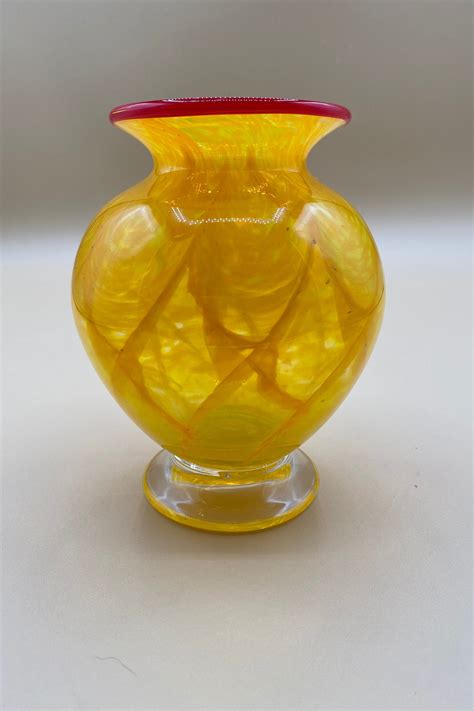 Hand Blown Yellow Art Glass Vase With Red Edge Etsy