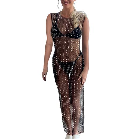 Sexy Women S Sheer Mesh Pearl Rhinestone Swimsuit Cover Up Sleeveless