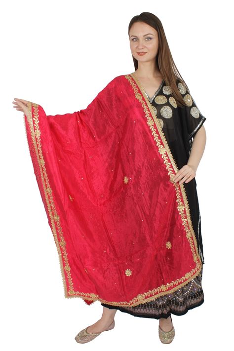 Womens Red And Gold Toned Gotta Patti Embellished Dupattachunni Free