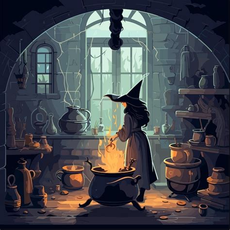 Premium Vector Wicked Witch Is Brewing Her Potion In A Cauldron