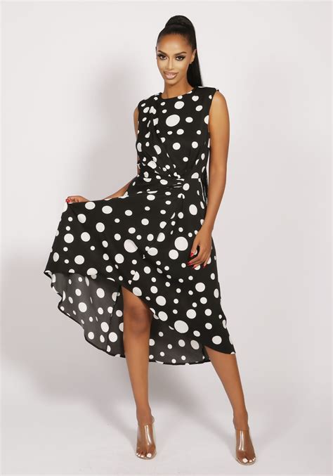 Black And White Polka Got Gathered Midi Dresss Lyoly