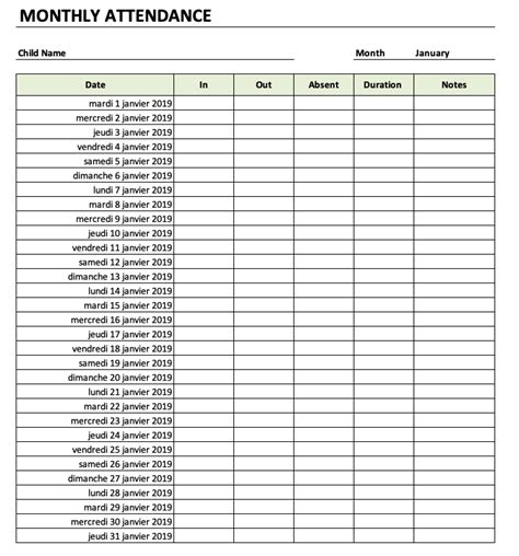 Printable Daycare Attendance Sheet Template