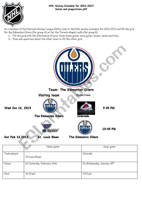 NHL Hockey schedule for 2012-2013 - ESL worksheet by lilou12