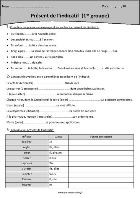 Verbes du 1er groupe Présent de l indicatif Cm2 Exercices Pass