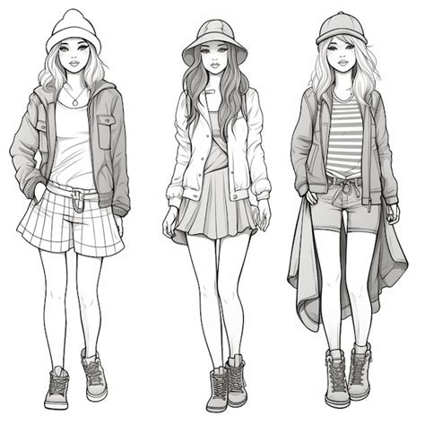 Premium AI Image | a line drawing of three girls in different outfits ...