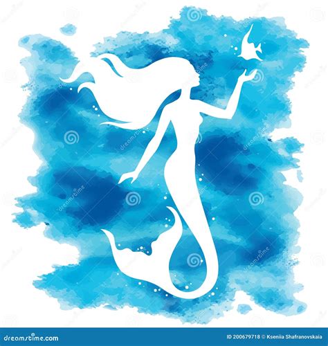 Mermaid Silhouette Hand Drawn Vector Illustration Isolated On Blue