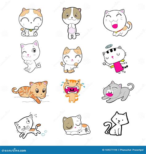 Conjunto De Dibujos Animados Tiernos Gatos Gatos Garabatos Con