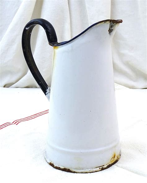 Vintage French White Chippy Metal Enamelware Water Pitcher Retro