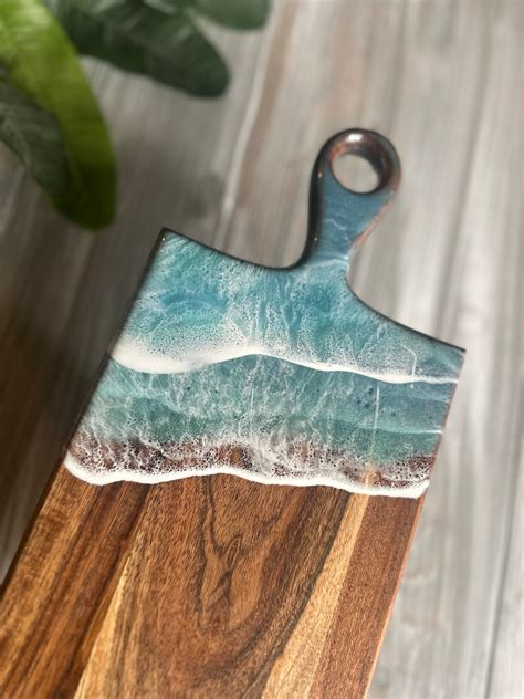 Large Acacia Wood Ocean Wave Cutting Board With Handle Home Decor