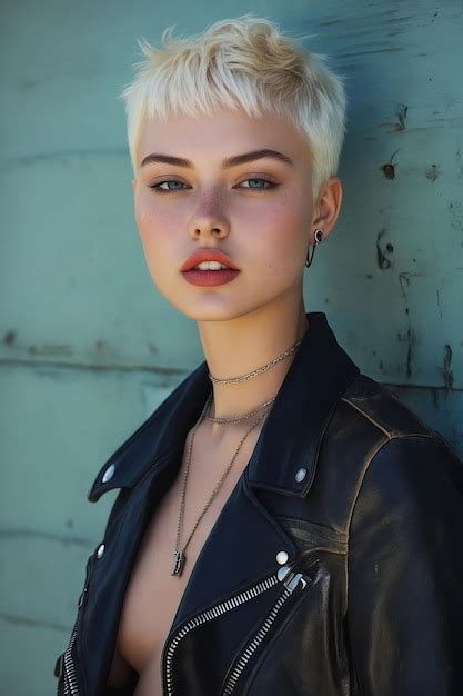 A Woman With Blonde Hair Wearing A Black Leather Jacket Premium AI