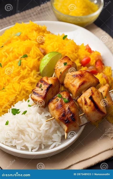 Stock Photo Of Grilled Chicken With Rice And Garnish On Plate Cinematic