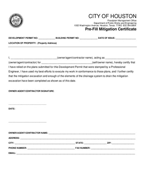 Fillable Online City Of Houston Pre Fill Mitigation Certificate Fax