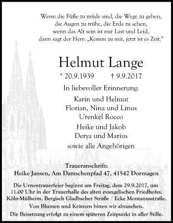 Traueranzeigen Von Helmut Lange WirTrauern