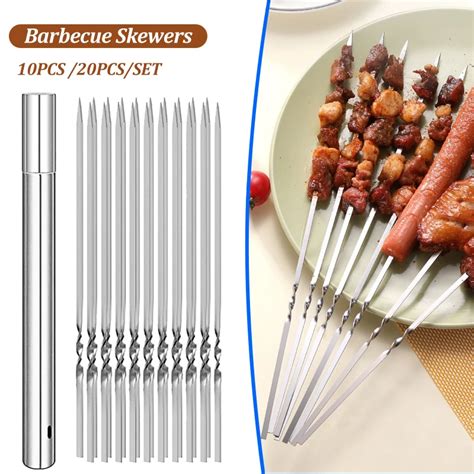 10 20Pcs Stainless Steel Barbecue Skewer Reusable Flat BBQ Needle Stick