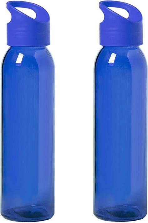 2x Stuks Glazen Waterfles Drinkfles Blauw Transparant Met Schroefdop