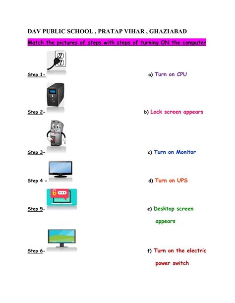 Steps For Turning On A Computer Worksheet Turn Ons School Subjects