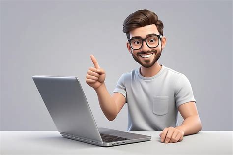 Personagem D Laptop Jovem Sorridente Segurando E Apontando Para