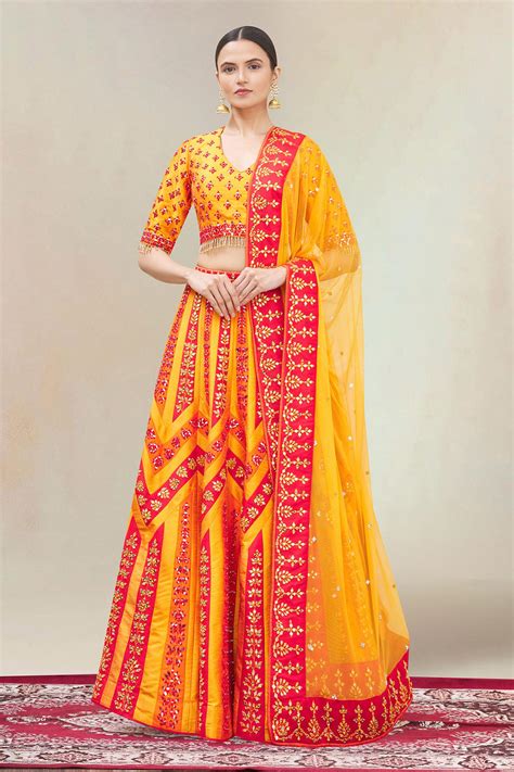 Buy Vandana Sethi Orange Dupion Silk Mirror Embroidered Lehenga Set