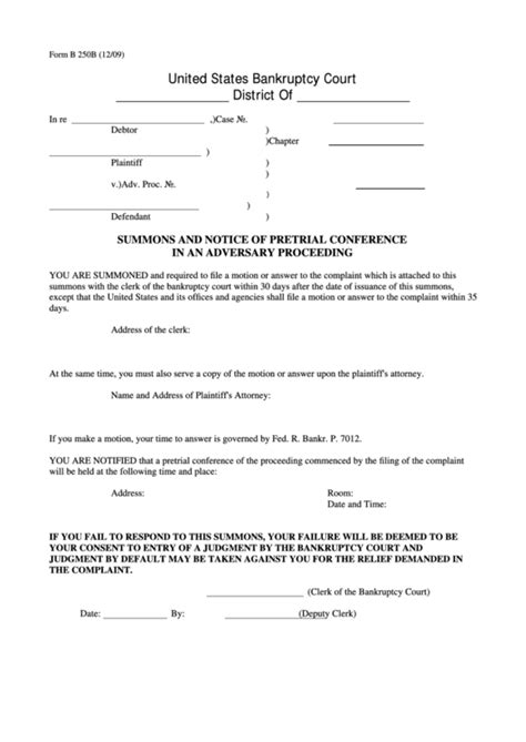 Form B B Summons And Notice Of Pretrial Conference In An Adversary