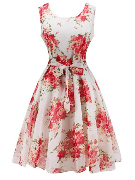 44 Off Knee Length Floral Belted Flare Dress Rosegal