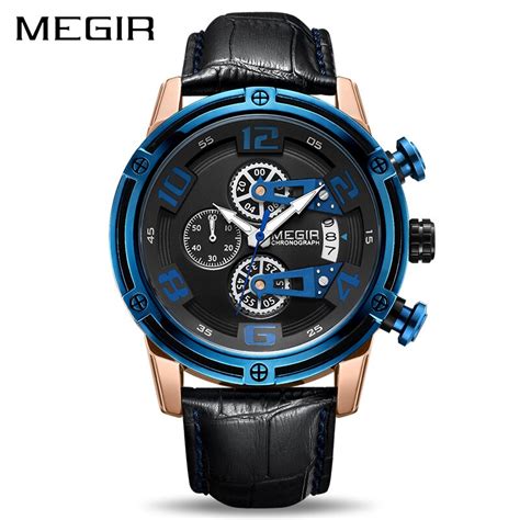 MEGIR Chronograph Sport Watch Homens Pulseira De Couro Criativo