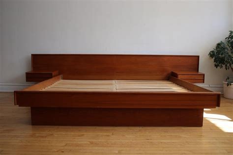 King Size Teak Danish Modern Platform Bed With Floating Nightstands At