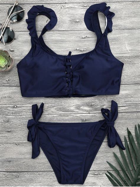 22 OFF 2020 Ruffle Lace Up Bralette Bikini Set In PURPLISH BLUE ZAFUL