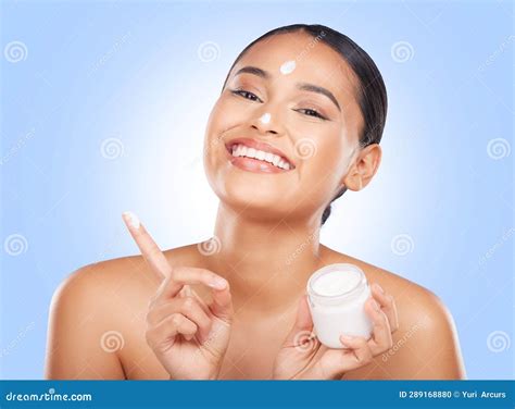 Portrait Happy Woman And Jar Of Face Cream In Studio Advertising