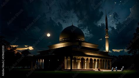 Islamic Masjid Mosque banner Night time moon Ramadan Eid Mubarak ...