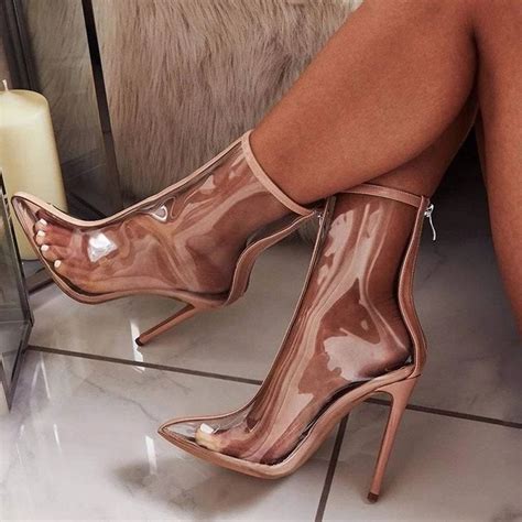Nude Pointed Toe Clear Shoes Stiletto Heel Ankle Boots With Zipper Stiletto Heels Pointed Toe