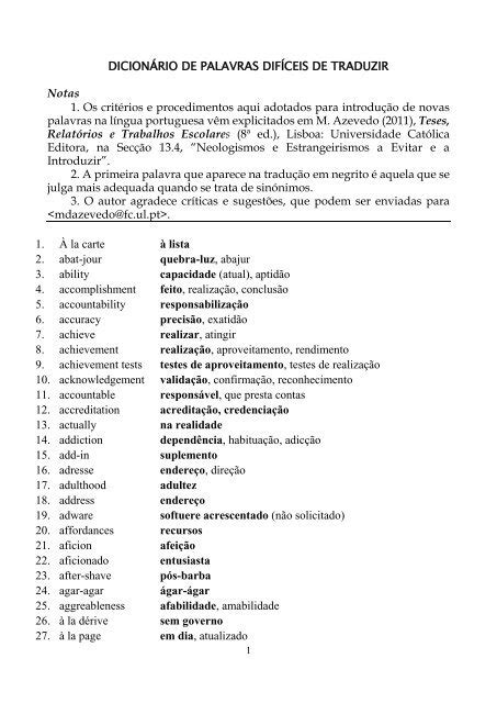 Palavras Dificeis Do Dicionario - DICIONÁRIO DE PALAVRAS DIFÍCEIS DE TRADUZIR Notas 1. Os ...