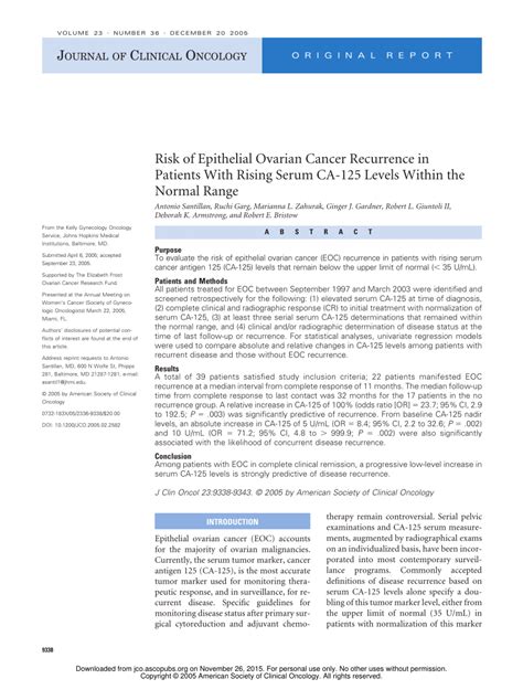 Pdf Risk Of Epithelial Ovarian Cancer Recurrence In Patients With Rising Serum Ca 125 Levels