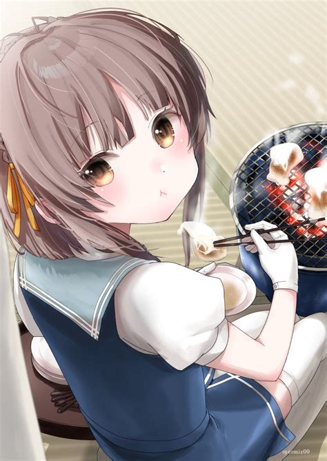 Safebooru 1girl Blue Dress Blush Brown Eyes Brown Hair Chopsticks Closed Mouth Dress Eating