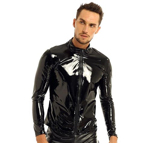 Men Shiny Metallic Long Sleeve Front Zip Stand Collar Tops Nightclub