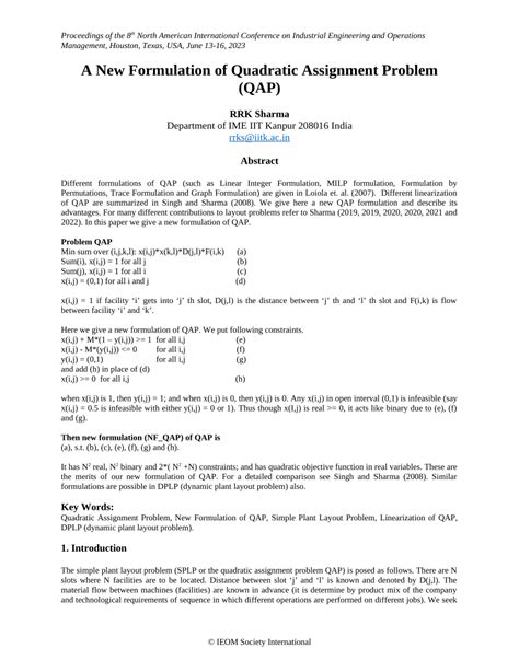 Pdf A New Formulation Of Quadratic Assignment Problem Qap