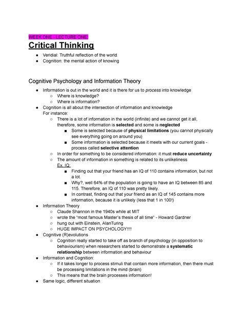 PSYC 2400 Notes Cognitive Psychology Second Year Course WEEK ONE