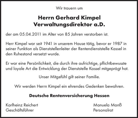 Traueranzeigen Von Gerhard Kimpel Trauer Hna De