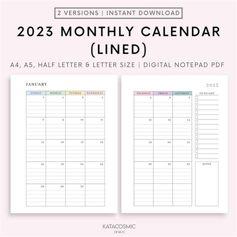 2023 Monthly Lined Calendar Printable, Dated Month on 2 Pages, 2023 ...