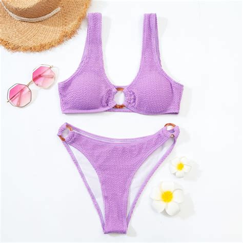 Women S Solid Color Wave Pattern Sexy Split Bikini Swimsuit On Luulla