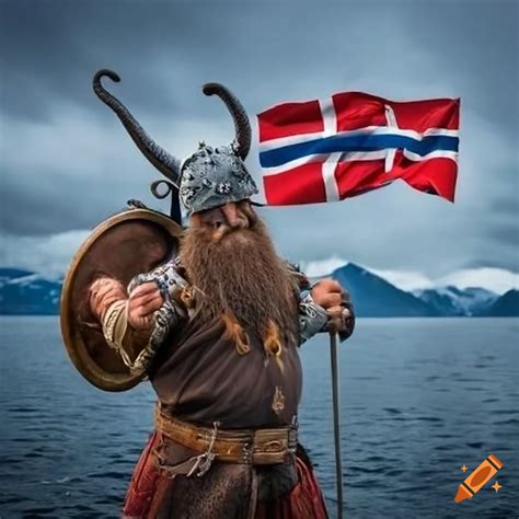 Viking With Norwegian Flag In A Fjord On Craiyon